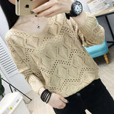 Fongt 2023 New Women's Loose V-Neck Hollowed-Out Thin Top Burst Sweater Knit Bottom Bat Shirt-Outfit