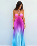 Fongt New Summer Gradient Hanging Neck Fold Fashion Dress Ladies Beach Holiday Dress