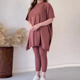Fongt 2025 New Solid Color Round Neck Large-Size Short-Sleeved Knitted Shirt Casual Set