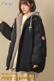 Fake Two Piece Down Coat Women Fashion Couples Long Sleeve Padded Thick Warm Winter Jacket Outwear Loose Zipper