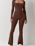 Women Jumpsuits Solid Long Sleeve Square Neck Low Cut Solid Slim Fit Autumn Rompers Flared Long Pants Streetwear 2023-Outfit