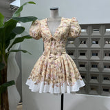 Gentle Photo Photo Small Beautiful Bow Garden Print V Collar Bubble Short Sleeves To Pick Up The Waist Fluffy Dress