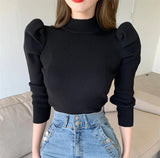Turtleneck Thick Jumper Knitted Women Sweater Casual Lady Winter Fashion Puff Long Sleeves Elastic Warm Pullovers Sweater-Outfit
