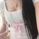 And Spicy Square Collar Lace Stitching Pink Bow Tie With Bubble Sleeves Slim T-Shirt 2024-Outfit