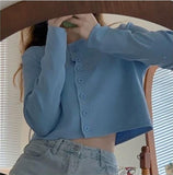 Style Fashion Open Front Button Up Thin Cardigan Sexy Long Sleeve Short Crop Top Sun Protection Ropa