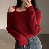 Skew Collar Sweater Off Shoulder Ropa Mujer Lace Up Bow Pullover Feminino Sexy Womens Clothing Korean Knitwears-Outfit