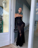 Autumn/Winter 2024 New Black Lace Breast Dress Long Dress Women's Gloves Three-Piece