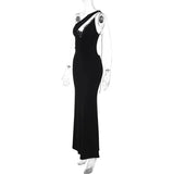 One Shoulder Deep Neck Open Back Black Maxi Dress-Outfit