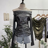 Real Shooting Stacking Long-Sleeved Pile Folded Shoulder T-Shirt Metal-Sclide T-Shirt