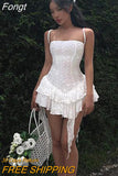 Spaghetti Strap Low Cut Pleated Mini Dress Women Backless Slim Fit Casual White Robe 2023 Spring Fall Fairy Grunge