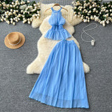 Fongt Style Suit Women's Summer French Waistless Sleeveless Hanging Neck Top High Waist Thin Half Skirt Two-Set