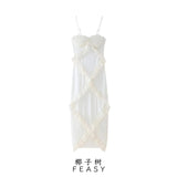 Fongt Women's Clothing 2025 Summer New Folding Lotus Side Spliced Open Slinging Dress