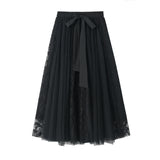Fongt Spring Dress New Bow Tie With High-Waisted Lace Embroidery Splicing Mesh Dress Skirt 8825