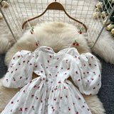 Fongt Spring And Summer Sweet Shoulder Slings Bubble Short Sleeve Cherry Print Waist Dress Women's Wooden Ear Short Skirt