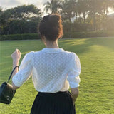 Summer Hollow Flower Lace Blouse Women Korean Chic Puff Short Sleeve Woman Shirt Peter Pan Collar Solid Loose Tops