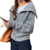 Fongt Lazy Wind Big Lapel Cardigan Zipper Jacket Women's Autumn And Winter New Wide Soft Waxy Sweater Top-Outfit
