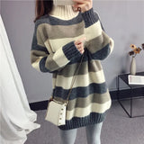 Style Versatile Striped Jacket Sweater Female 2023 Autumn And Winter New Style Lazy Wind Loose Half High Collar Hair-Outfit