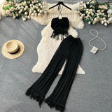 Fongt Seaside Vacation Set Women's Summer Knit Tassel Hanging Neck Top High-Waisted Hollowed-Out Trousers Two-Piece Set-Outfit
