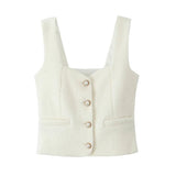 Tweed Pearl Button Sleeveless Tank Top And Mini Skirt Set-Outfit