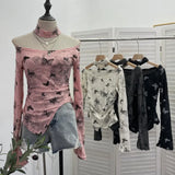 Pink Butterfly Hanging Neck To Make Old Hole Long-Sleeved T-Shirt Hottie Slanted Shoulder Slim Short Blouse