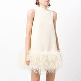 Fongt Sense Ostrich Hair Splicing Lady A-Line Dress 2024 Summer New Sleeveless Solid Color Dress-Outfit