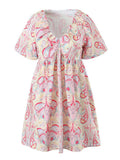 Fongt Spring Fashion New Elegant V-Neck High-Waist Print Bubble Sleeve Short Princess Dress