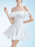 Lotus Leaf-Side Phong Dress Women's New Summer Summer New Fashion Temperament Sweet Wind Shoulder Solid Color Short