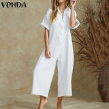 Vintage Rompers Women Jumpsuits 2021 Summer Casual Short Sleeve Playsuits Elegant Wide Leg Pants Sexy