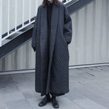 Splicing Argyle Mid Parkas For Women V Neck Long Sleeve Casual Solid Cotton Coat Female Fashion New Winter