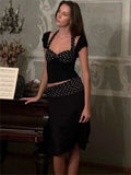 Black Polka Dot Patchwork Top And Midi Skirt Set-Outfit