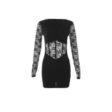 Black Mysterious Sexy Lace Stitching Mature Fishbone Beautiful Sweet Gentle Women'S Winter Long Sleeve Hip Short Dress-Outfit