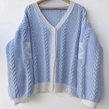 New Autumn / Winter New V-Collar Lantern Sleeve Patchwork Color Sweater Loose Casual Sweater Coat-Outfit