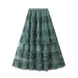 Fongt Heavy Industry Lace Cake Skirt Long Skirt Sweet Wind High Waist Wood Ear Net Yarn Skirt 1276