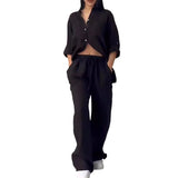 Fongt New Women's Solid Color Single-Button Long-Sleeved Shirt Two Sets Of Wide Leg Trousers With