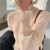 Fongt And Autumn New Chiffon Shirt Women's Horn Sleeves Super Fairy Loose Lotus Leaves Half High Collar Inside The Ocean Gas Bottom