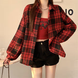 Vintage Plaid Print Long Sleeve Blouse-Outfit