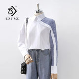 Women White Shirt Vintage Long Sleeve Cotton Blouse Striped Turn-Down Collar Elegant Office Wear Fall Spring Design