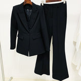 Fongt Star Professional Fashion Fashion A Buckle Button Long Suit + Horn Pants Set Two Sets