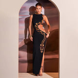 Women's 2024 Summer New Sexy Slim Slit Long Skirt Hollow Dress Sexy Party Dress Club Clothing-Outfit
