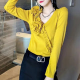 Slim Stylish Folds Spliced T-shirt 2023 Spring Autumn Female Elegant V-Neck Floral Three-dimensional Decoration Pullovers-Outfit