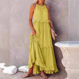 Fongt Summer New Holiday Wind Lotus Leaf Side Long Dress Swing Flowing Beach Dress Woman