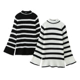 Black-And-White Striped High-Necked Pullover In Autumn-Outfit