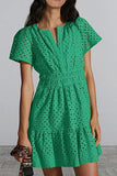 Fongt Women's V-Neck A-Shaped Hollow Lace Folded Short-Sleeved Mini Dress