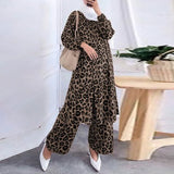 Leopard Printed Casual Loose Muslim Sets ZANZEA Women Full Sleeve Blouse Long Pants 2022 Party Suits Islamic