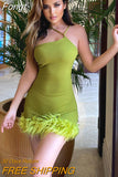 Green Feathers y2k Dress Spaghetti Strap Diagonal Collar Mini Dress Summer Sexy Party Evening Dresses for Women
