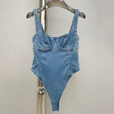 Denim Playsuits For Women Square Collar Sleeveless High Waist Patchwork Solid Minimalist Playsuit Female Summer