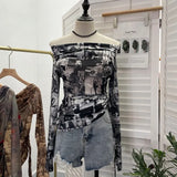 Vintage Graffiti-Printed Shoulder-Threin Mesh Long-Sleeved Blouse Side Drawstring Tethered With Slime T-Shirt