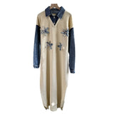 Fongt 2025 New Cowboy Splicing Knitted Two-Piece Collar Dress Flower Nails Decorated Long Dress Woman