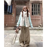 Fongt Daily Commute Relaxation Green Knitted Jersey Folded Vest Coat Wide Leg Trousers Set