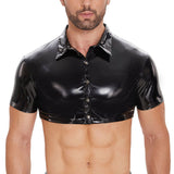 Fongt Men's PVC Bright Leather Jacket Sexy Slim Short Sleeve Half Leather Shirt Size Accurate-Outfit